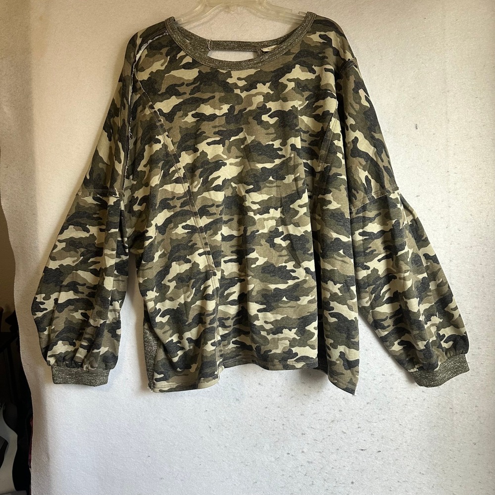 Oddi Camo Open Tulip Back Sweatshirt Green Oversized Balloon Sleeve 2XL 3XL NEW